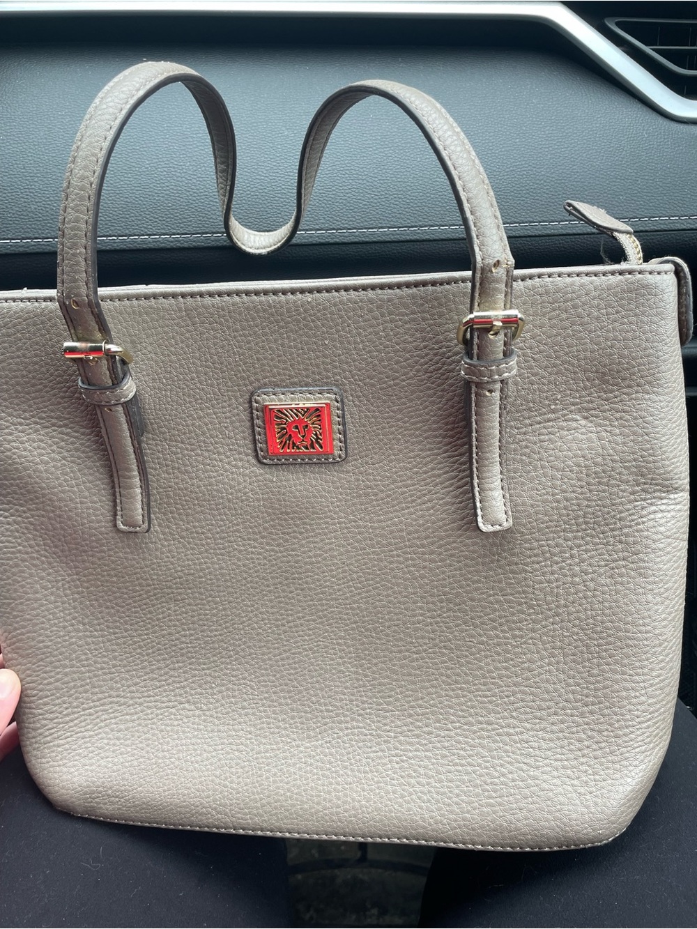 Anne Klein Taupe Tote with Red Logo Accent